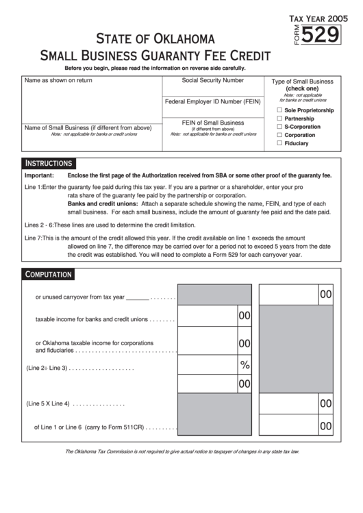 Form 529 - Small Business Guaranty Fee Credit - 2005 Printable pdf