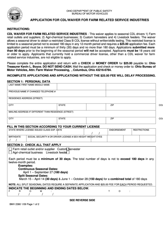 Fillable Form Bmv 2380 - Application For Cdl/waiver For Farm Related Service Industries Printable pdf