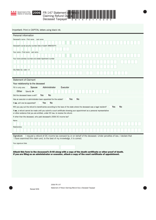 Form Fr-147 - Statement Of Person Claiming Refund Due A Deceased Taxpayer Printable pdf