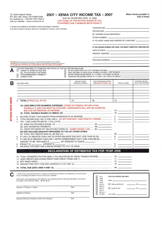 Xenia City Income Tax Form 2007 printable pdf download