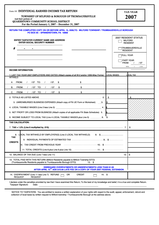 Form 101 - Individual Earned Income Tax Return - Township Of Milford & Borough Of Trumbauersville - 2007 Printable pdf