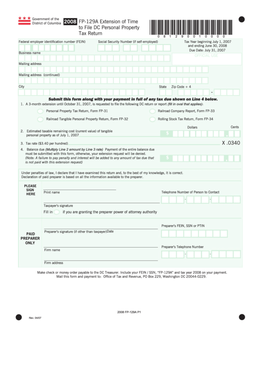 Form Fp129a Extension Of Time To File Dc Personal