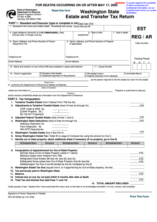 Fillable Form Rev 85 0049e - Washington State Estate And Transfer Tax Return Printable pdf