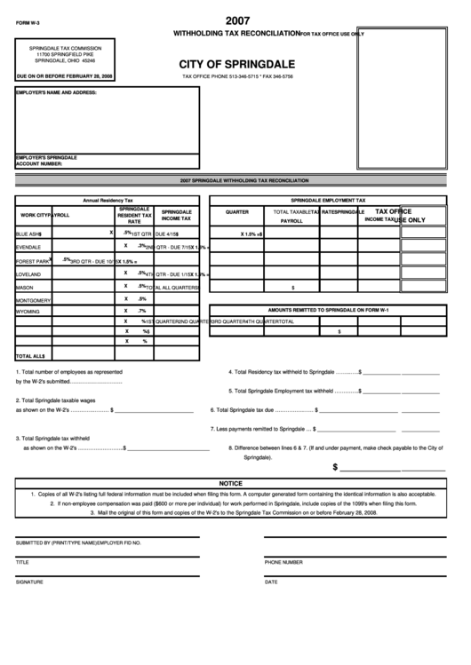 Form W-3 - City Of Springdale Withholding Tax Reconciliation 2007 Printable pdf