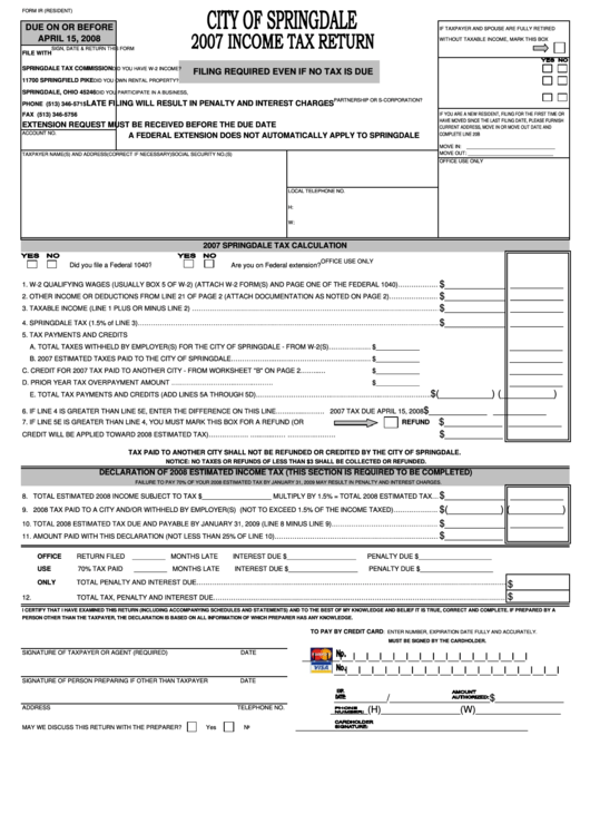 Form Ir - Income Tax Return - City Of Springdale - 2007 Printable pdf