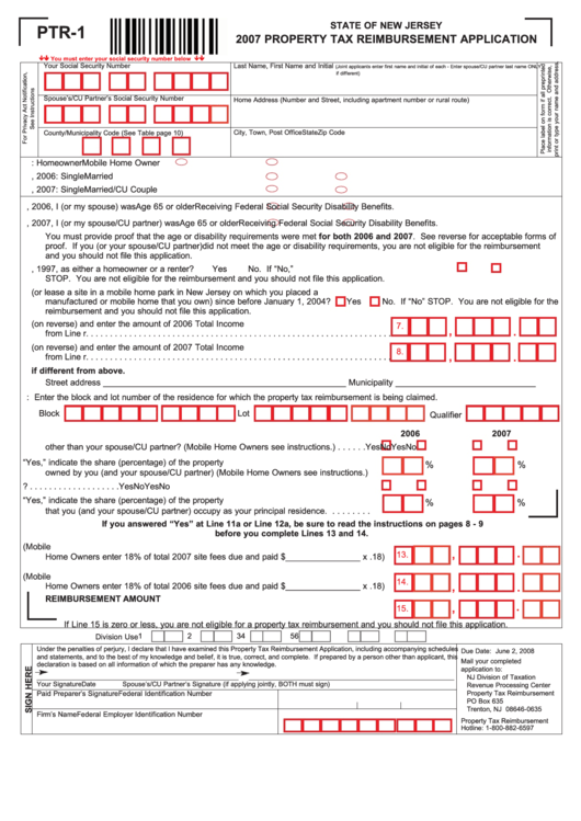 Fillable Form Ptr-1 - Property Tax Reimbursement Application - 2007 Printable pdf