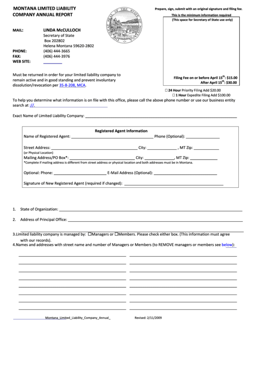 Montana Limited Liability Company Annual Report Form Printable pdf