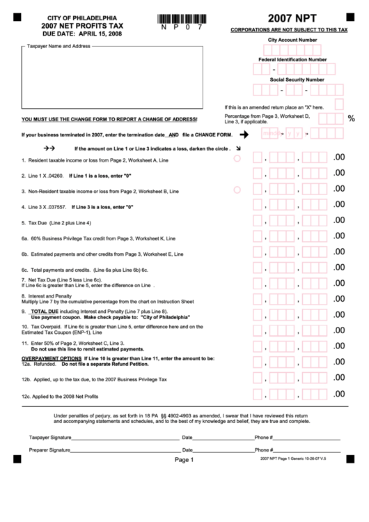 Form 2007 Npt - Net Profits Tax Printable pdf