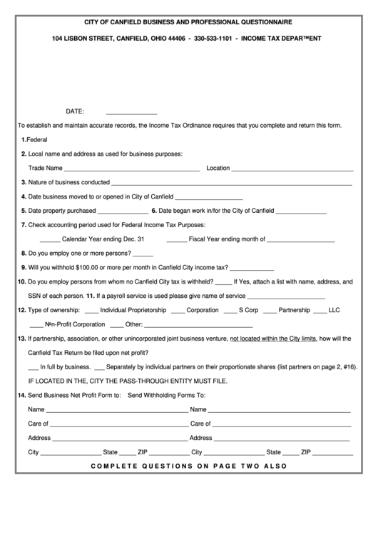 Form Bq-07 - City Of Canfield Business And Professional Questionnaire Form Printable pdf