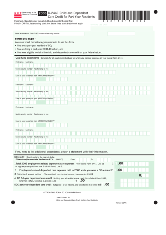 Form D-2441 - Child And Dependent Care Credit For Part-Year Residents 2006 Printable pdf