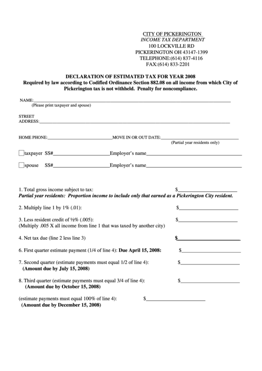 Declaration Of Estimated Tax Form - City Of Pickerington - 2008 Printable pdf