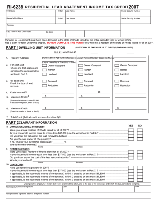 Form Ri-6238 - Residential Lead Abatement Income Tax Credit - 2007 Printable pdf