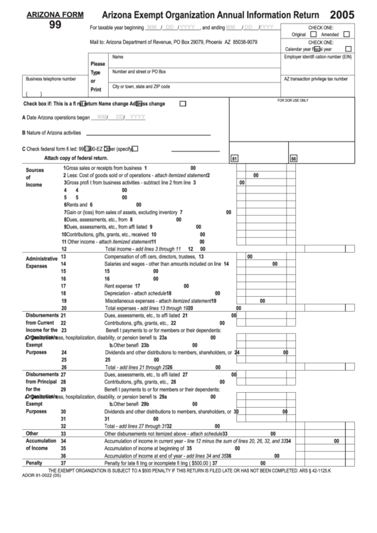 Arizona Form 99 - Arizona Exempt Organization Annual Information Return - 2005 Printable pdf