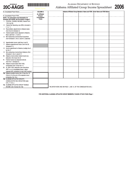Fillable Form 20c-Aagis - Alabama Affiliated Group Income Spreadsheet - 2006 Printable pdf