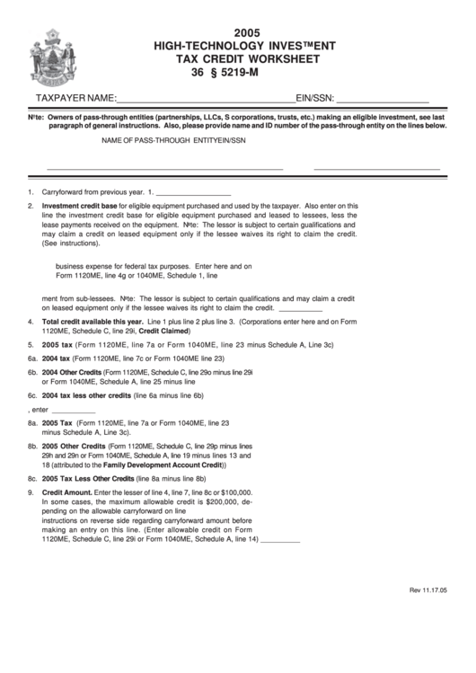 High-Technology Investment Tax Credit Worksheet 2005 Printable pdf
