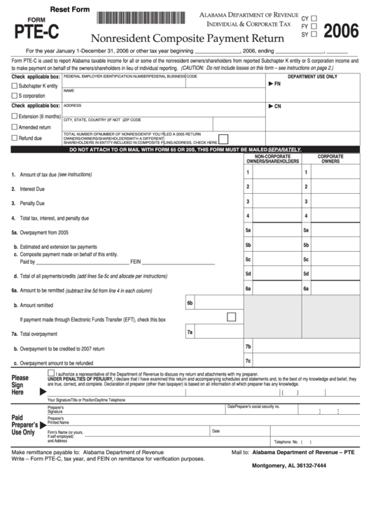 Fillable Form Pte-C - Nonresident Composite Payment Return - 2006 Printable pdf