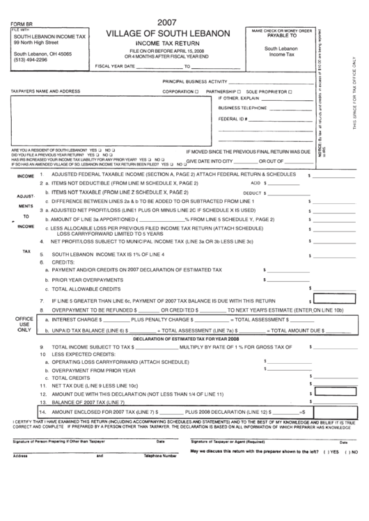 Form Br - Village Of South Lebanon Income Tax Return - 2007 Printable pdf