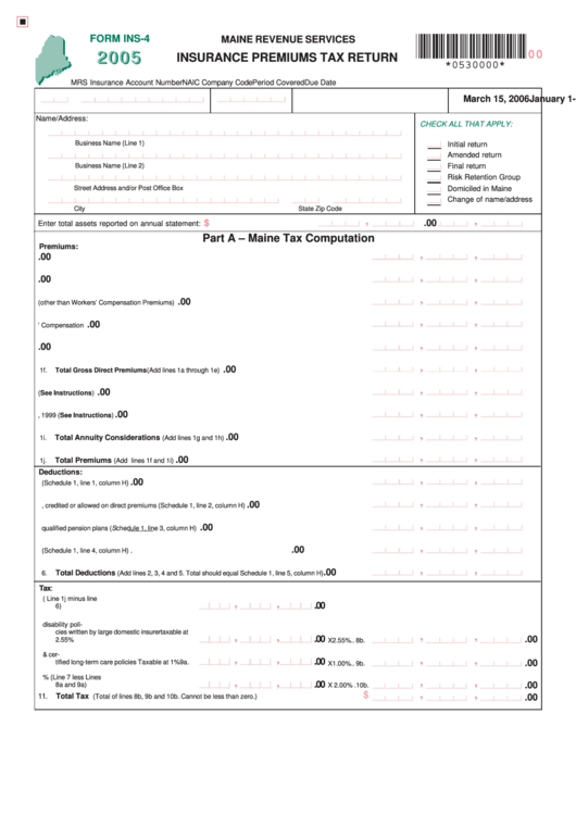 Form Ins-4 - Insurance Premiums Tax Return - 2005 Printable pdf