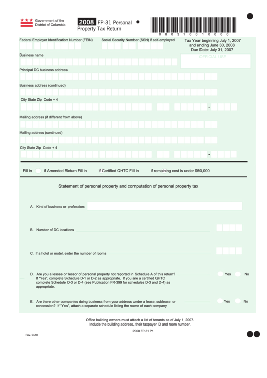 Form Fp31 Personal Property Tax Return 2008 printable