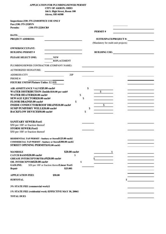 Application For Plumbing/sewer Permit Form Printable pdf