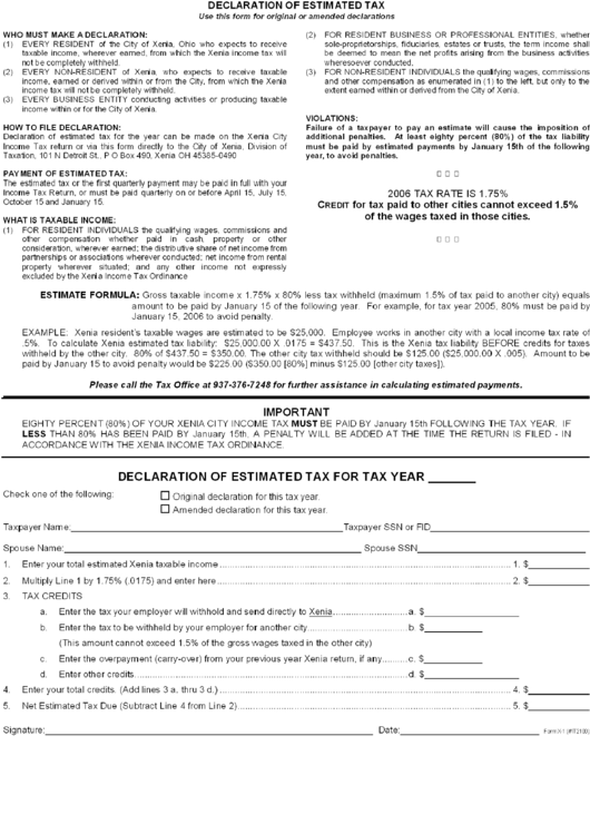 Declaration Of Estimated Tax Form - City Of Xenia Printable pdf