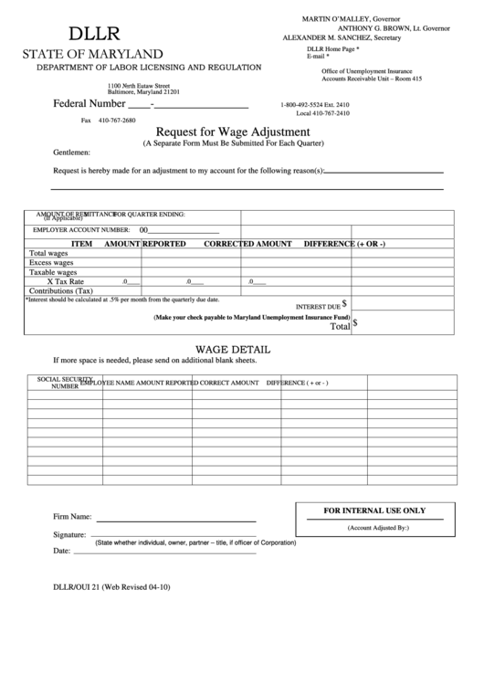 Form Dllr/oui 21 - Request For Wage Adjustment Printable pdf