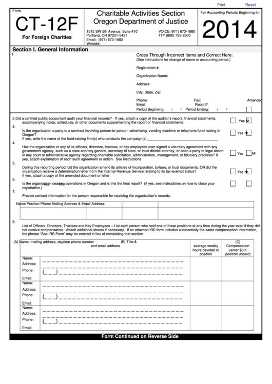 Fillable Form Ct-12f - Tax Return For Foreign Charities - 2014 Printable pdf