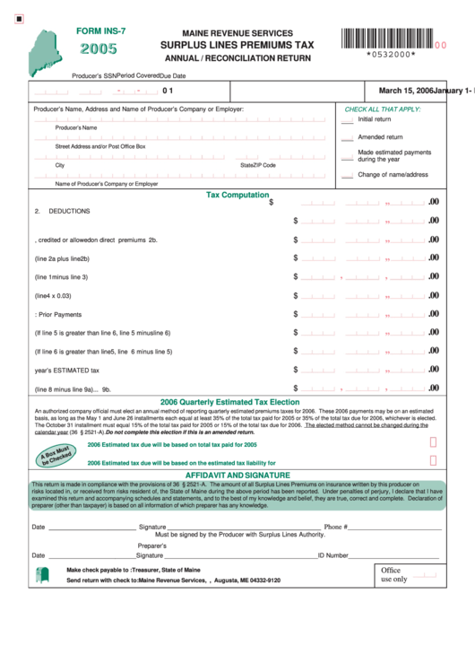 Form Ins-7 - Surplus Lines Premiums Tax Annual / Reconciliation Return - 2005 Printable pdf
