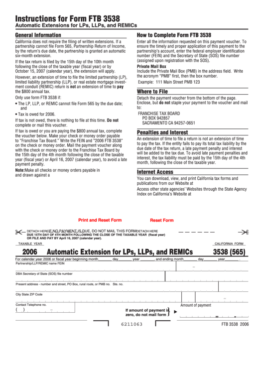 Fillable California Form 3538 (565) - Payment For Automatic Extension For Lps, Llps And Remics - 2006 Printable pdf