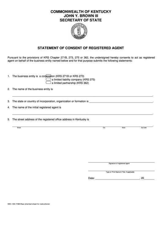 Form Ssc-109 - Statement Of Consent Of Registered Agent - 1998 Printable pdf