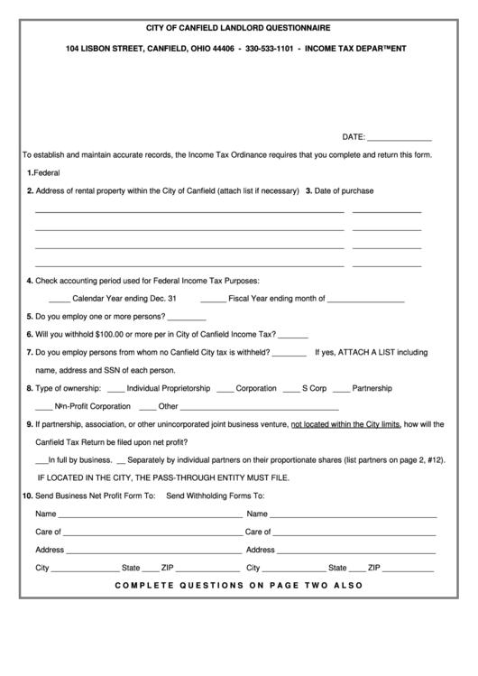 Form Lq/07 - City Of Canfield Landlord Questionnaire Printable pdf