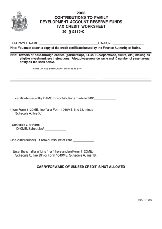 Contributions To Family Development Account Reserve Funds Tax Credit Worksheet - 2005 Printable pdf