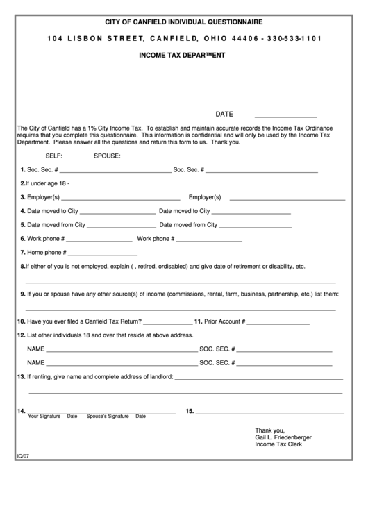 Form Iq/07 - City Of Canfield Individual Questionnaire Printable pdf