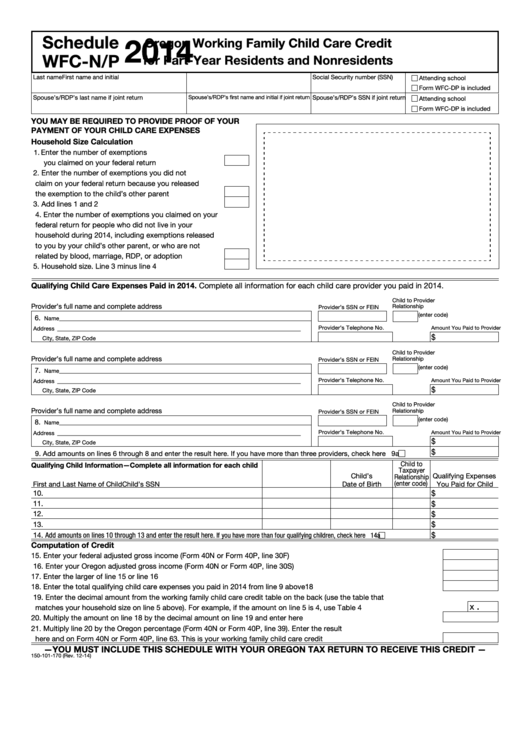 Fillable Form 150-101-170 - Schedule Wfc-N/p - Oregon Working Family Child Care Credit For Part-Year Residents And Nonresidents - 2014 Printable pdf