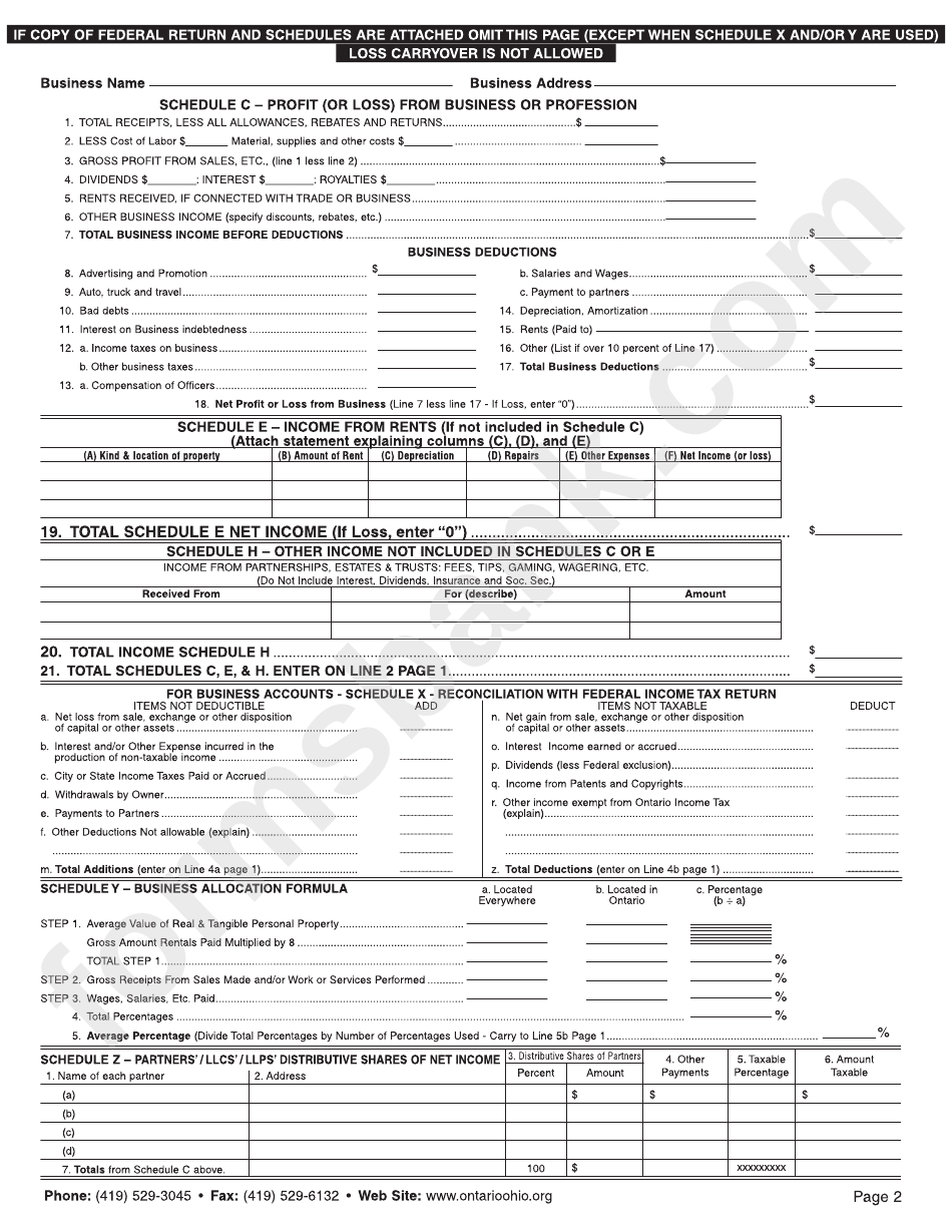 Joint / Individual / Business Income Tax Return Form - City Of Ontario - 2007