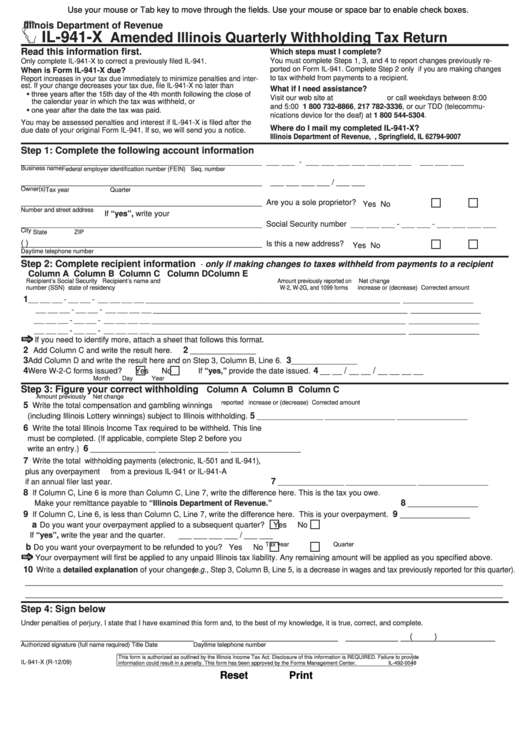 Fillable Form Il-941-X - Amended Illinois Quarterly Withholding Tax Return Printable pdf