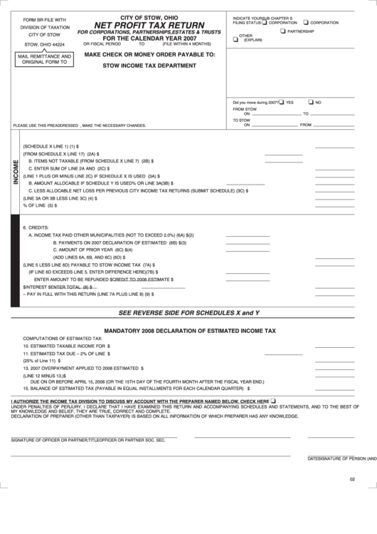 Net Profit Tax Return Form - City Of Stow, Ohio - 2007 Printable pdf