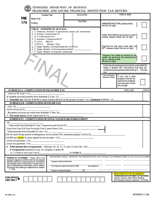 Form Fae 174 - Franchise And Excise Financial Institution Tax Return Printable pdf