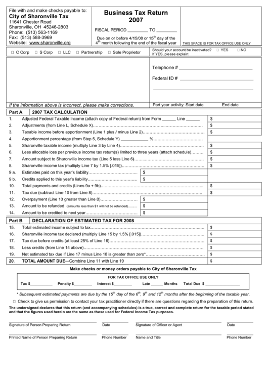 Business Tax Return Form - City Of Sharonville - 2007 Printable pdf