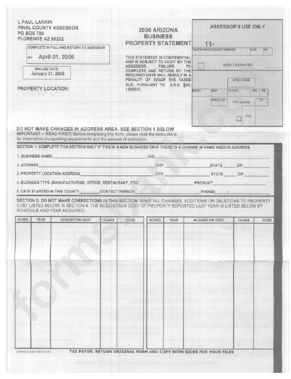 2006 Arizona Business Property Statement Form