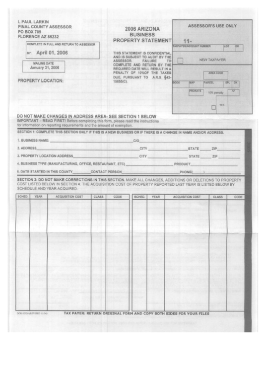 2006 Arizona Business Property Statement Form Printable pdf