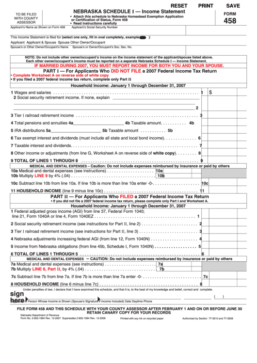 Fillable Form 458 - Nebraska Schedule I - Income Statement - 2007 Printable pdf