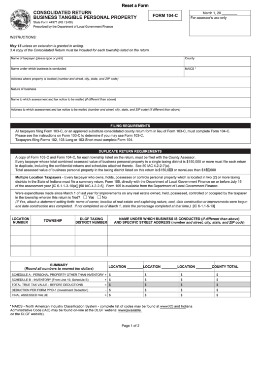 Fillable Form 104-C - Consolidated Return Business Tangible Personal Property (2008) Printable pdf