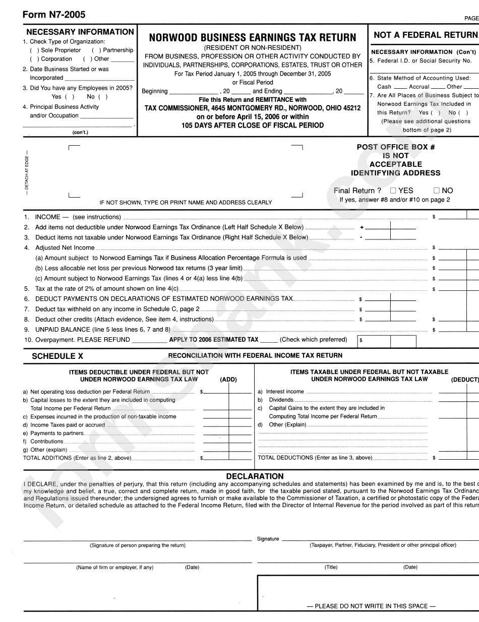 Form N7-2005 - Norwood Business Earnings Tax Return - State Of Ohio