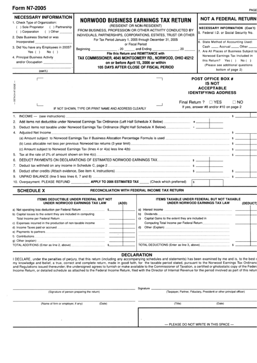 Form N7-2005 - Norwood Business Earnings Tax Return - State Of Ohio Printable pdf