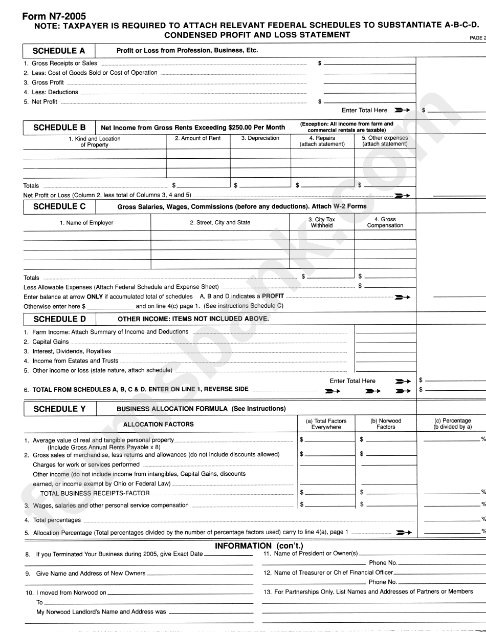 Form N7-2005 - Norwood Business Earnings Tax Return - State Of Ohio