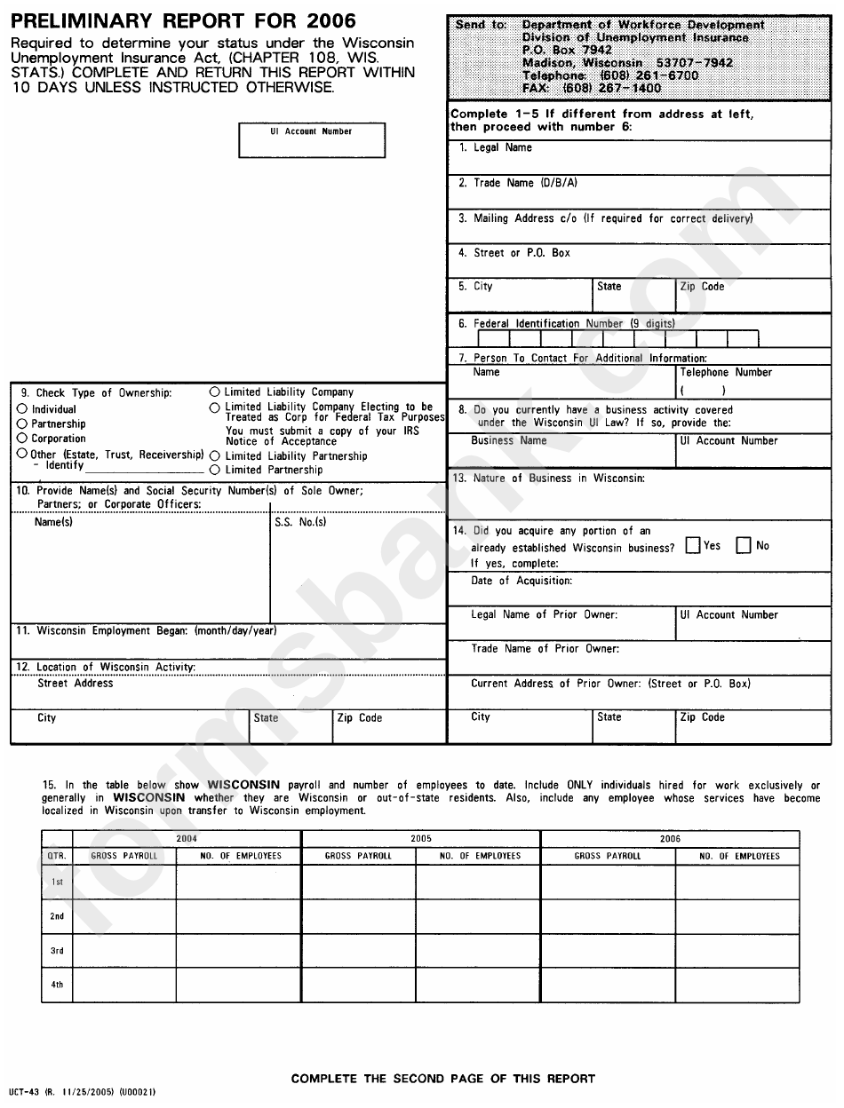 Form U00022 - Preliminary Report For 2006 - State Of Wisconsin