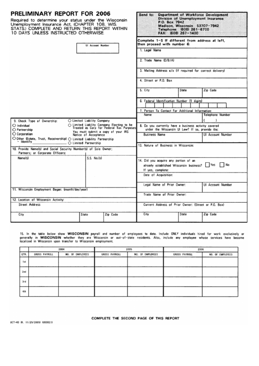 Form U00022 - Preliminary Report For 2006 - State Of Wisconsin Printable pdf