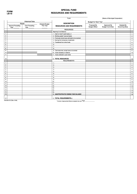 Fillable Form Lb-10 - Special Fund Resources And Requirements - 1994 Printable pdf