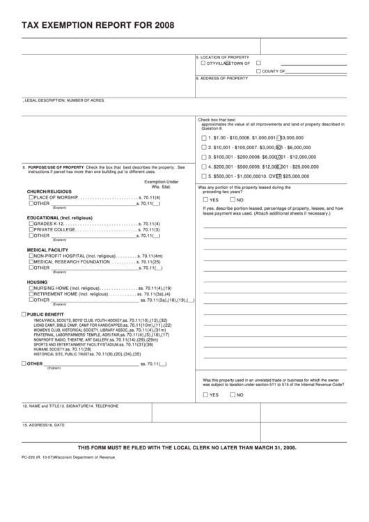Form Pc-220 - Tax Exemption Report - 2008 Printable pdf